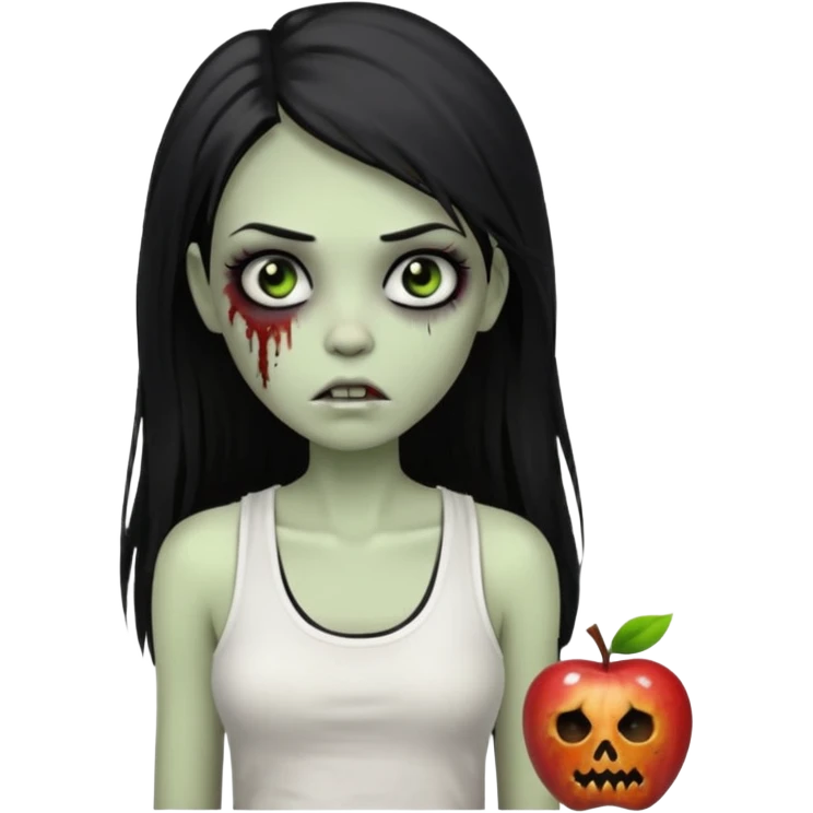 девушка зомби с темными длинными прямыми волосами, с черными макияжем глаз, тонкими бровями в стиле Apple avatar, оделся в белую майку emoji