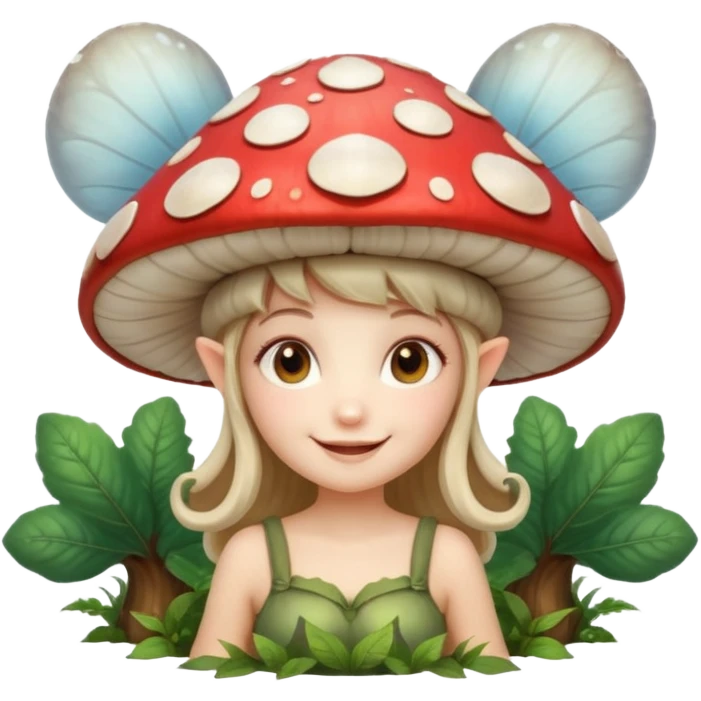 mushroom fairy portrait, head and shoulders only, wearing a large mushroom cap hat, tiny glowing wings visible behind shoulders, cute magical smile, forest fantasy vibe, 3D cartoon, mobile game icon style, clean background, no text, no watermark emoji