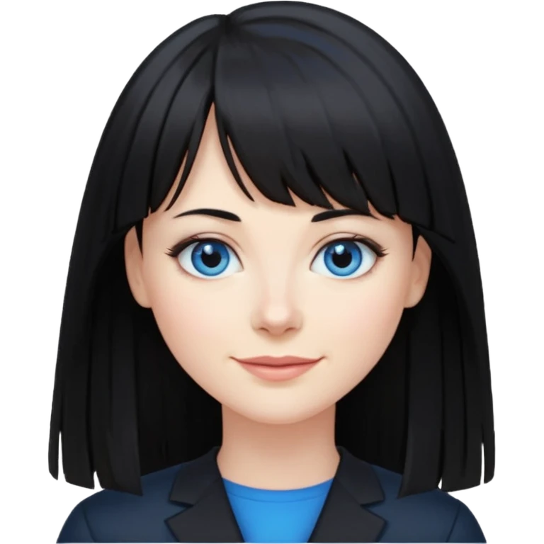 40 yr old woman long straight black hair, pale skin, blue eyes, black clothes, small smile, bangs emoji