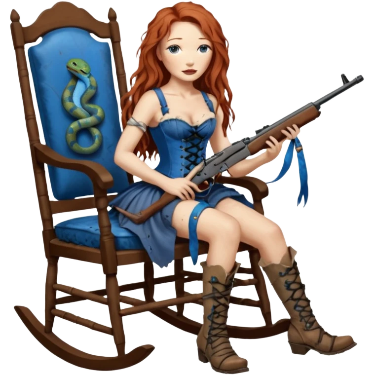 realistic cinematic Tori Amos sits on a rocking chair in a torn corset, holding an antique rifle and her bare feet are muddy. A blue snake is wrapped around the chair. emoji