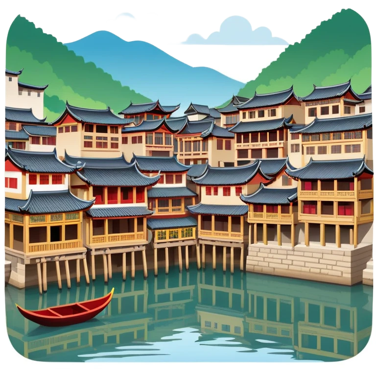 Fenghuang Ancient Town with wooden stilt houses by river, simplified emoji style with bold outlines and bright colors, cartoon style traditional Chinese buildings emoji