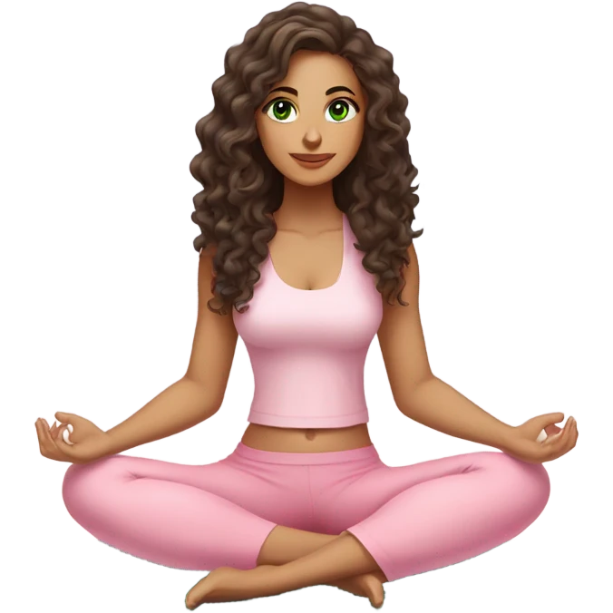 Dark brown long curly hair and green eyes yoga beautiful young woman in light pink pink pink clothes sitting on a yoga mat emoji