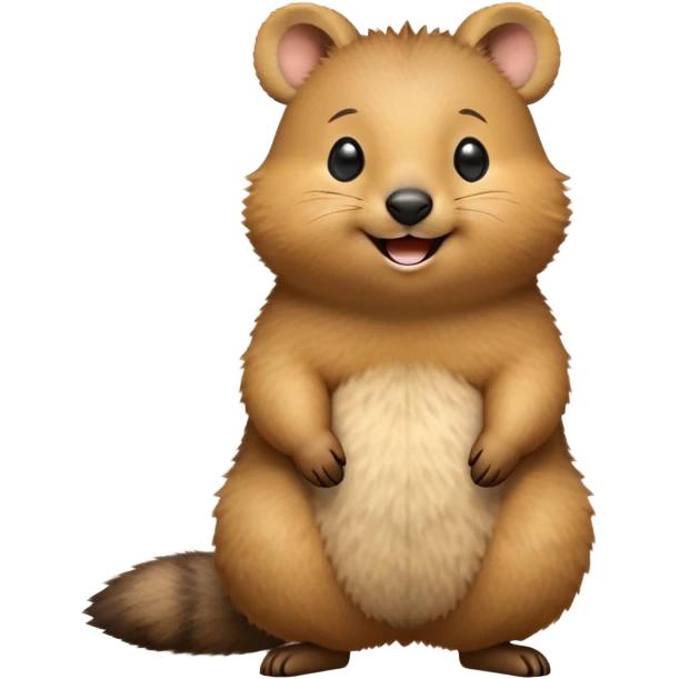 cinematic-realistic quokka-emoji,-small-round-frame-balanced-on-tiny-strong-hind-legs, head tilted in an endearing manner, comical smil, giant-fluffy-cheeks-large-smile-fluffy-brown-fur-radiating-a-warm-softness,-big-round-eyes-filled-with-joy, realisticround  fluffy zoomed in, large black eyes emoji