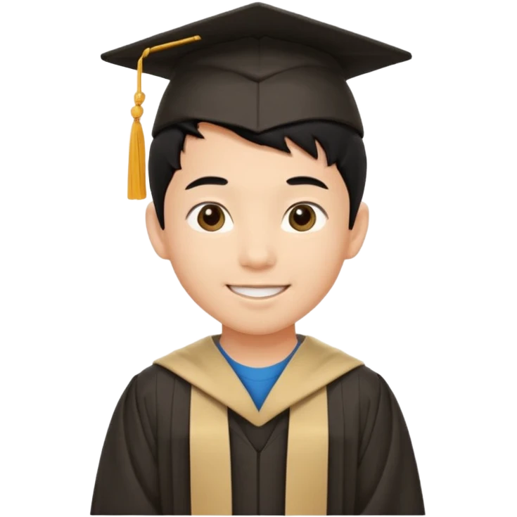 A young asian boy with black hair wide smile round eyes round nose medium thick lips in graduation gown with beige colour pants emoji