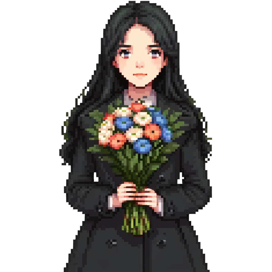 beautiful girl with long black hair wearing a black coat holding a bouquet of flowers emoji