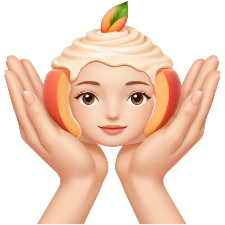 Minimal emoji of 2 hands gently applying skincare cream, soft nude and peach tones, clean beauty aesthetic, calm and elegant, subtle glow emoji