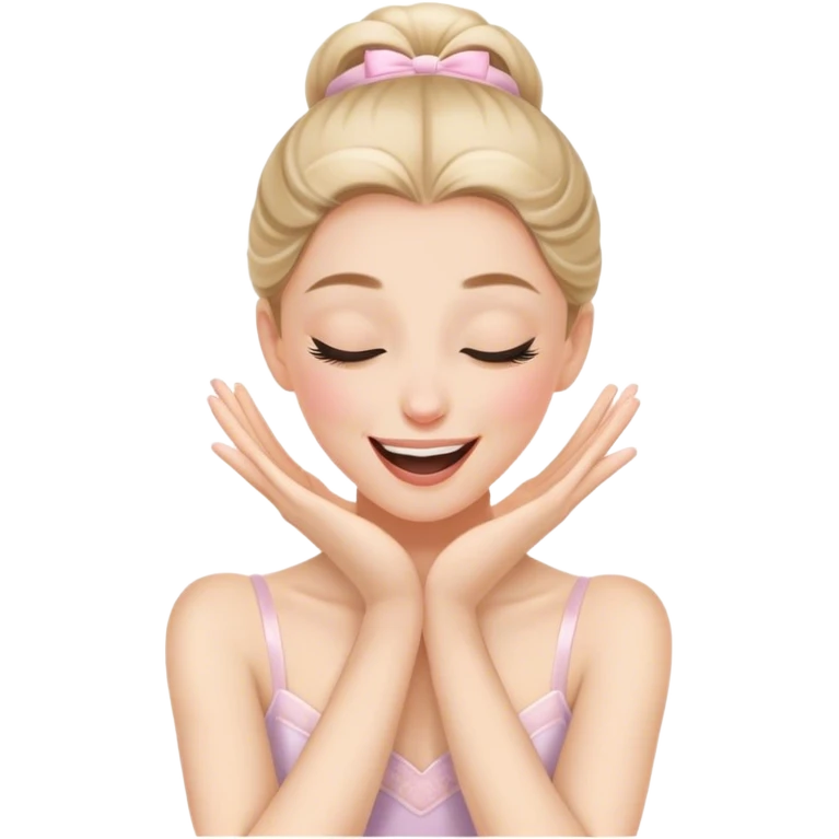 The ballerina laughs sweetly, covering her mouth with her hand and with her eyes closed emoji