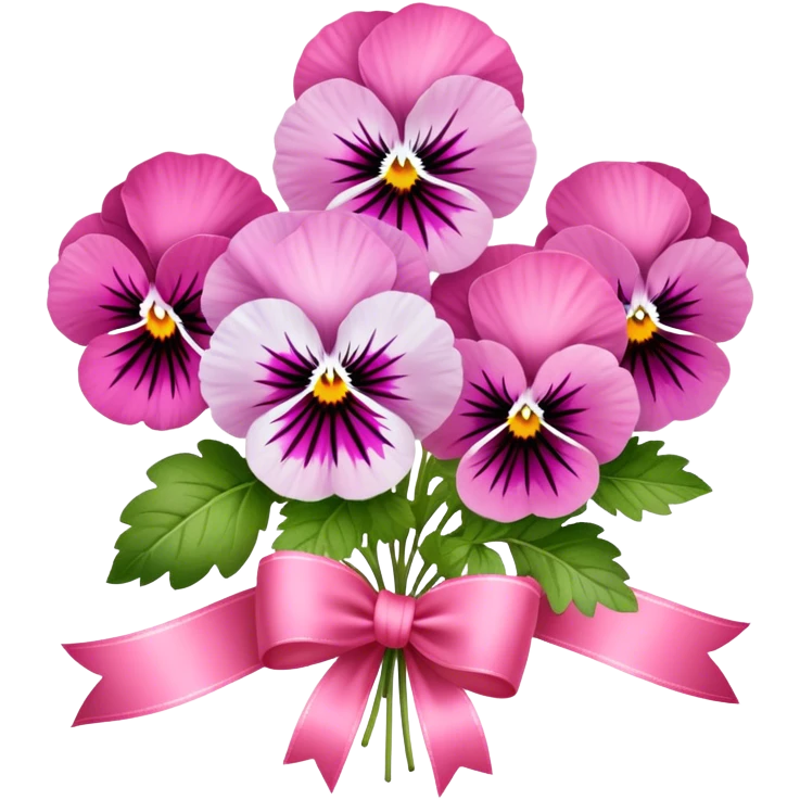 Delicate Orchid Pink pansies rest in a gentle arrangement, wrapped in a luxurious Wild Strawberry ribbon. The combination of soft florals and deep crimson elegance evokes timeless beauty." emoji