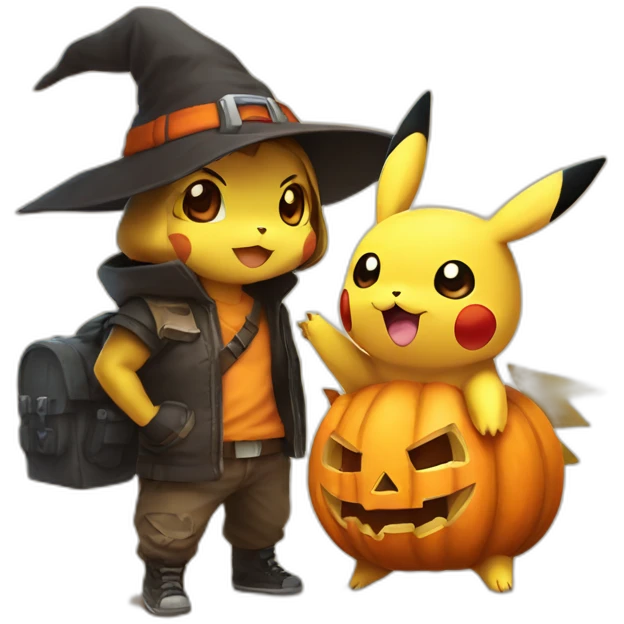 Pikachu and eevee holding halloween pumpkin emoji
