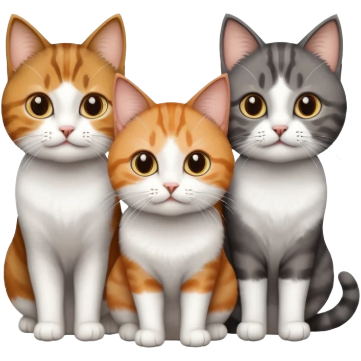 3 different coloured short haired cats including; a dark brown tabby and white cat, and a dark grey and white and a ginger and white emoji
