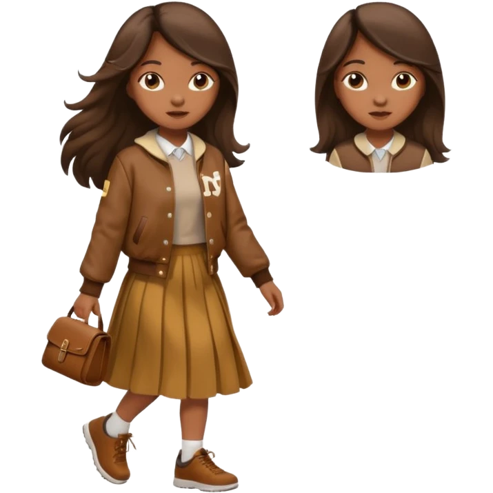 black color long hair girl with brown varsity jacket and long skirt walking  emoji
