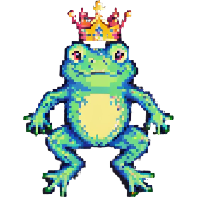 pixel art crowned frog jumping with crown emoji