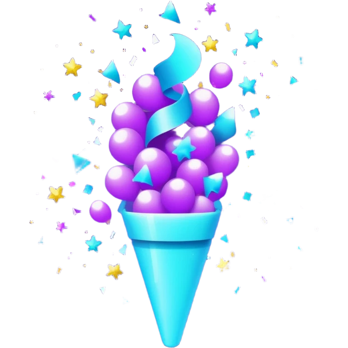 glowing confetti popper emoji, purple and cyan colors, emitting confetti and sparkles, vibrant celebration atmosphere emoji