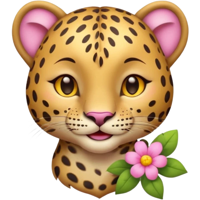A cutE leopard face with eyes closed and a peaceful smile. A pink flower with a yellow center is tucked behind its right ear, adding a charming and gentle touch.  emoji