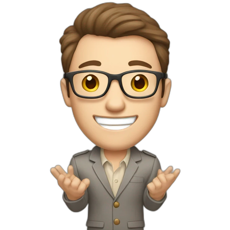 Joyful Celebrating victory Hands up Pale skinned Fit Man With dark brown hair in gray jacket, beige office shirt, Brown pants and vintage glasses sitting In a soft chair emoji