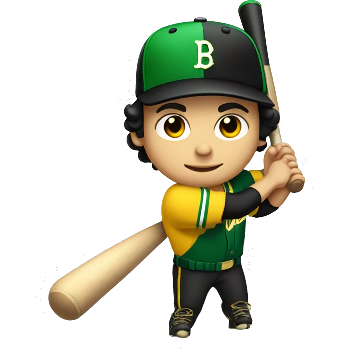 White boy with black hair swinging baseball bat with green and yellow uniform with an M in his hat emoji