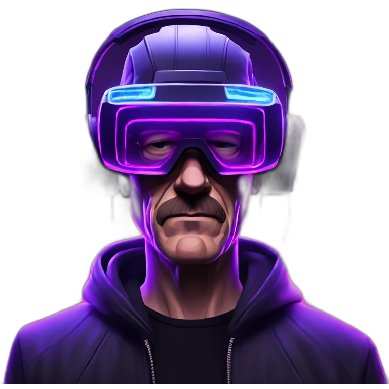 Walter White wearing a black hoodie with "OMG" letters on it and VR headset in a cyberpunk VR environment with violet neon lighting. emoji