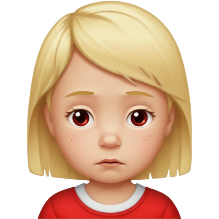 bebe com bolinhas vermelhas pequenas pelo corpo de tamanhos variados e loiro com cara de triste emoji