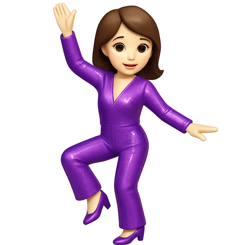 Make the woman do the exact pose of the 🕺🏻 emoji (one arm up, one arm out, one leg bent), keep white skin, brown hair, sparkly jumpsuit, emoji style emoji