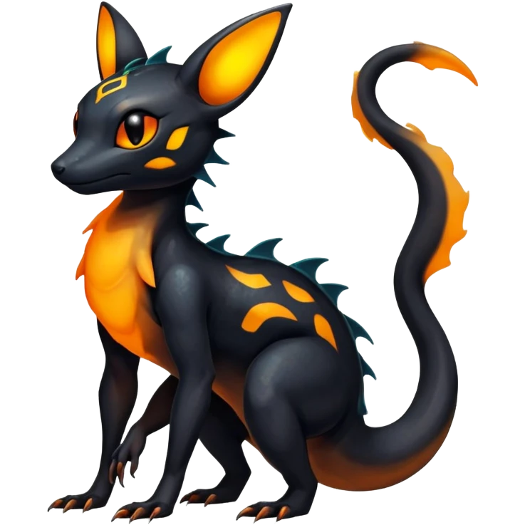 Colorful Iridescent Exotic Black and Orange Salandit-Umbreon-Fakémon-hybrid-creature (full body)  emoji
