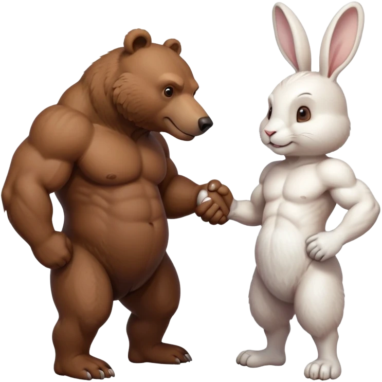 create one brown bear and one white rabbit with muscle body doing a handshake dont mix the colors, more mucle emoji