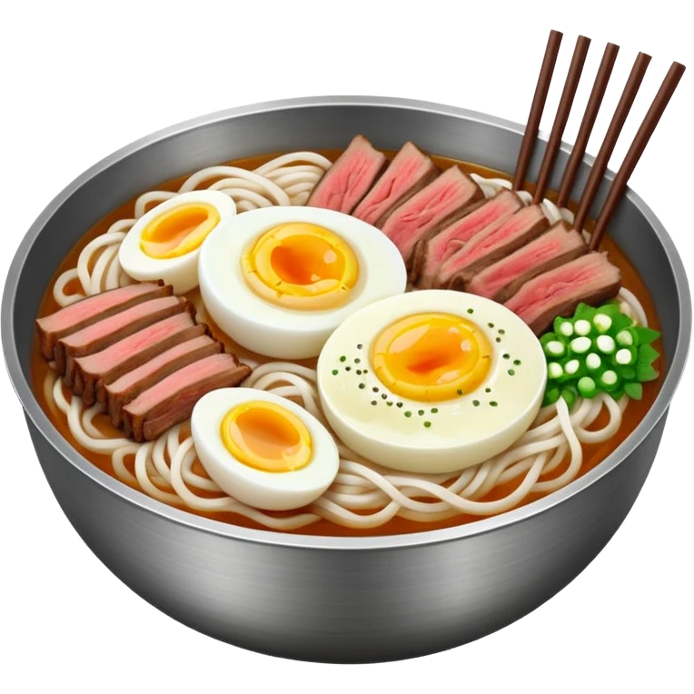 Korean cold noodles (naengmyeon) in a metal bowl, with thin noodles, cold broth, sliced beef, and a half boiled egg on top, iPhone emoji style emoji