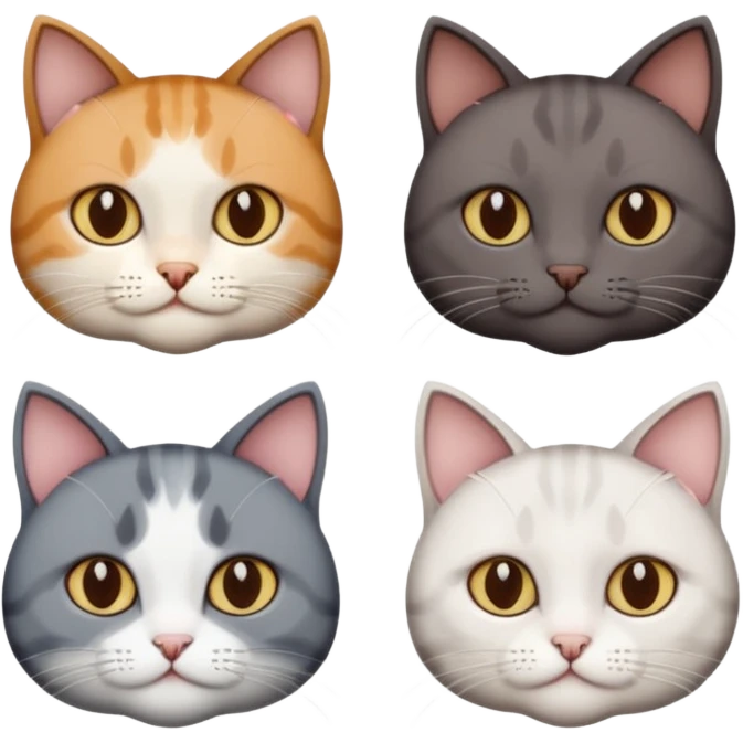 4 different coloured short haired cats including; a dark brown and white cat, and a dark grey and white  emoji