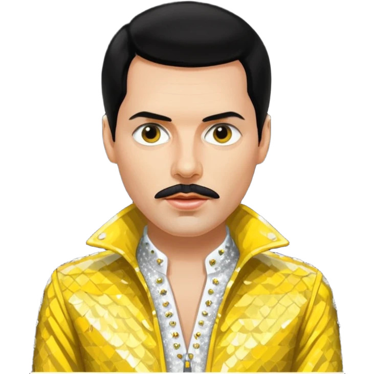 Freddie Mercury with black hair, white sequin shirt, yellow sequin jacket emoji