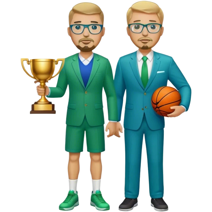 Full Body white plus size man  wearing glasses with a goatee with dirty blond short hair basketball head Coach in blue and green suit holding trophy emoji