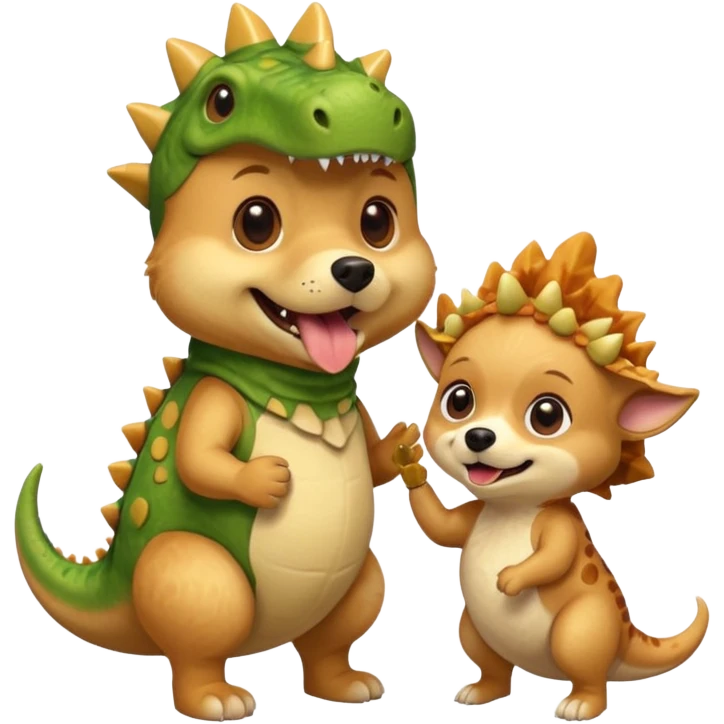 a golden retriever with a dinosaur costume thats eating a chihuahua thats in a dinosuar costume emoji