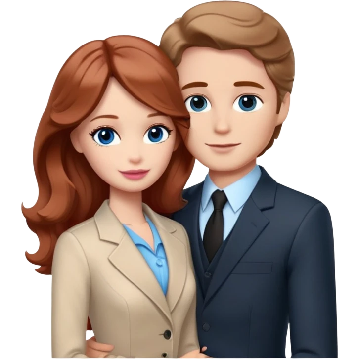 Barbie girl  , eyes blue , Chestnut red long wavy hair In pale beige clothes, Hugs a man with pale brown hair short haircut, brown eyes , and a black suit emoji