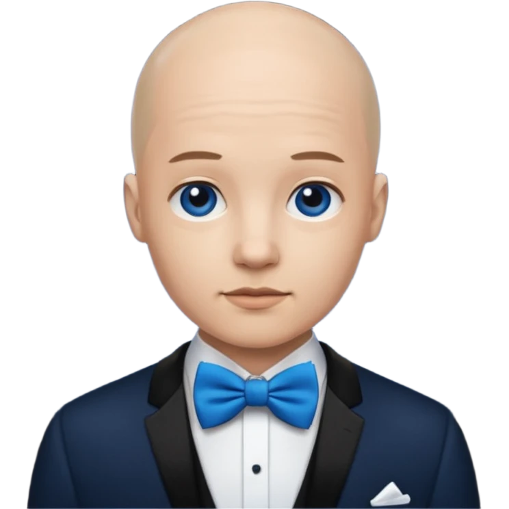 Bald with blue bow tie, midnight balck dress, age. emoji