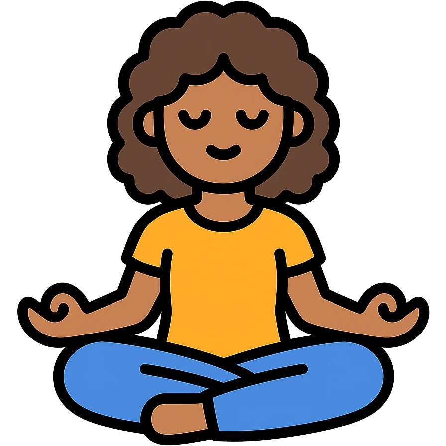 brunette girl with curly hair meditating, sitting cross-legged, colored icon emoji