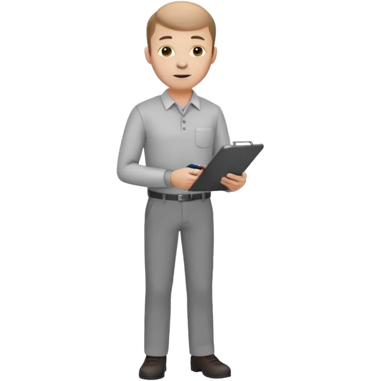 man mid 30's shirt and trousers balding hairline standing holding a clipboard emoji