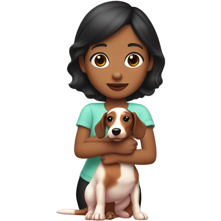 a girl with black hair, white skin tone, watermelon lips and black-eyed with a teckel in her arms emoji