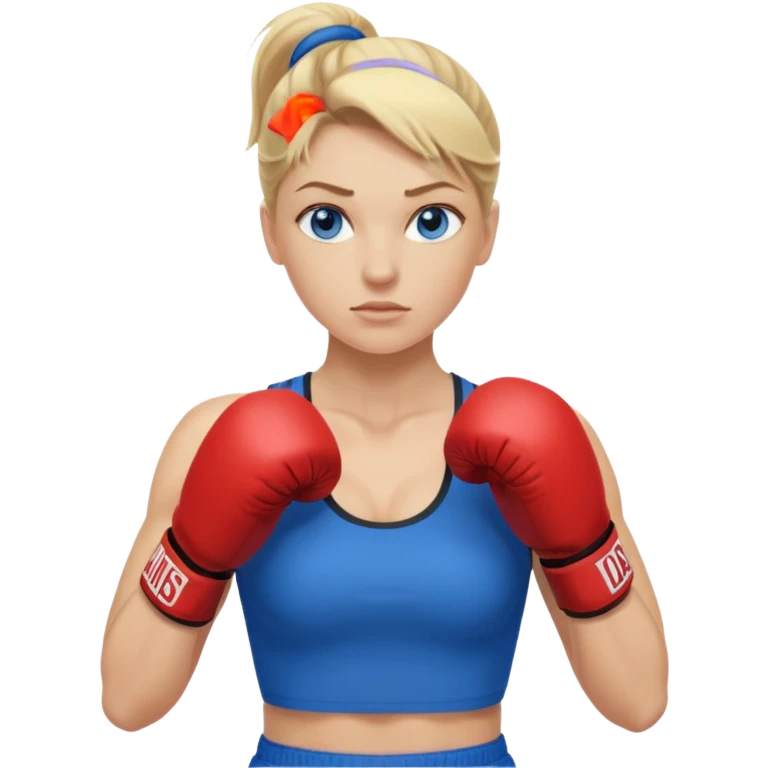 Rubia de ojos azules boxeo con pelo recogido y mostrando cuerpo emoji