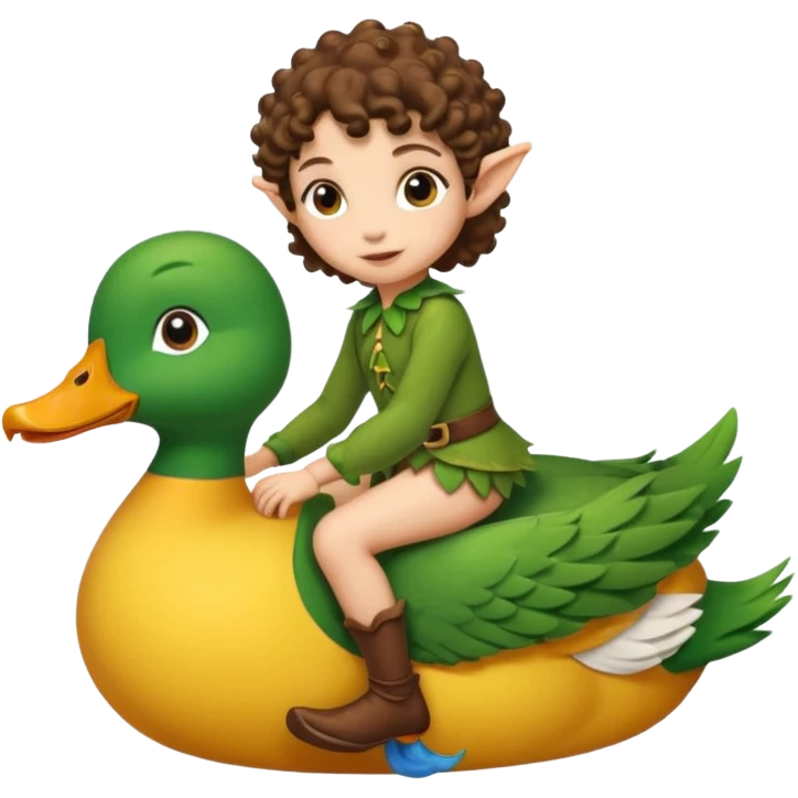 tiny forest elf short tight curly brown hair riding duck emoji