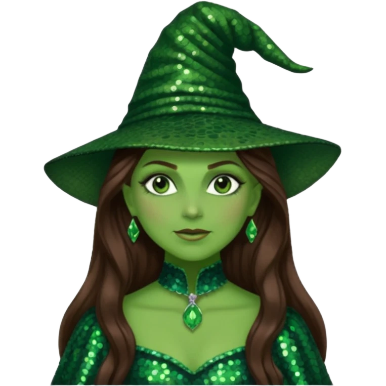 Elphaba from The Wizard of Oz with long brown hair, dark green sequin outfit, green skin emoji