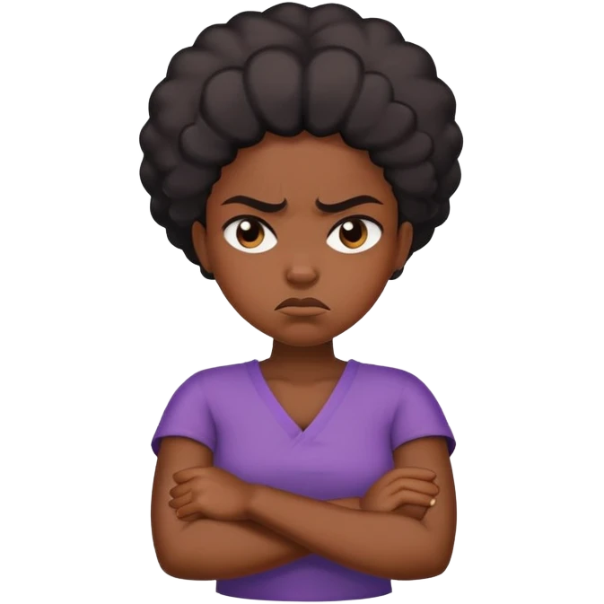 Angry Black girl with dark skin and crossed arms, frowning face emoji