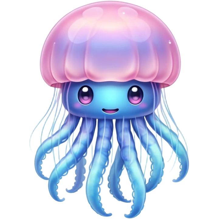 Cinematic floating kawaii jellyfish, tiny round body, soft glowing tentacles, pastel pink and blue hues, delicate sparkling highlights, dreamy and adorable. emoji