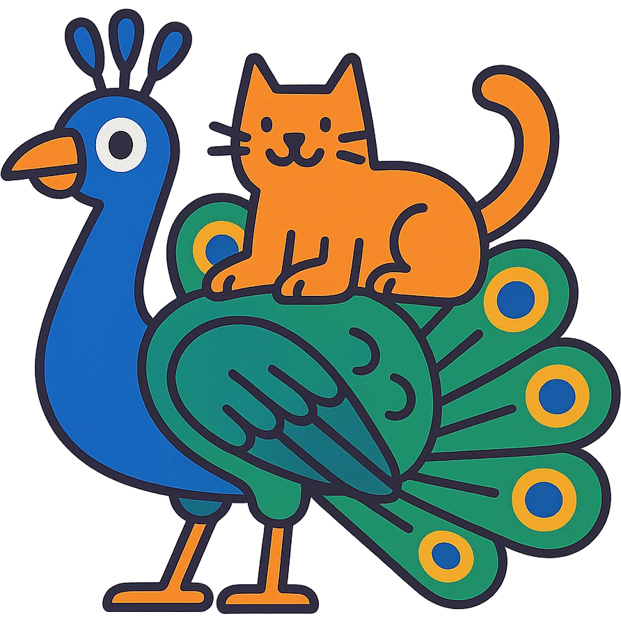 silly peacock with a cat in vibrant toon style emoji