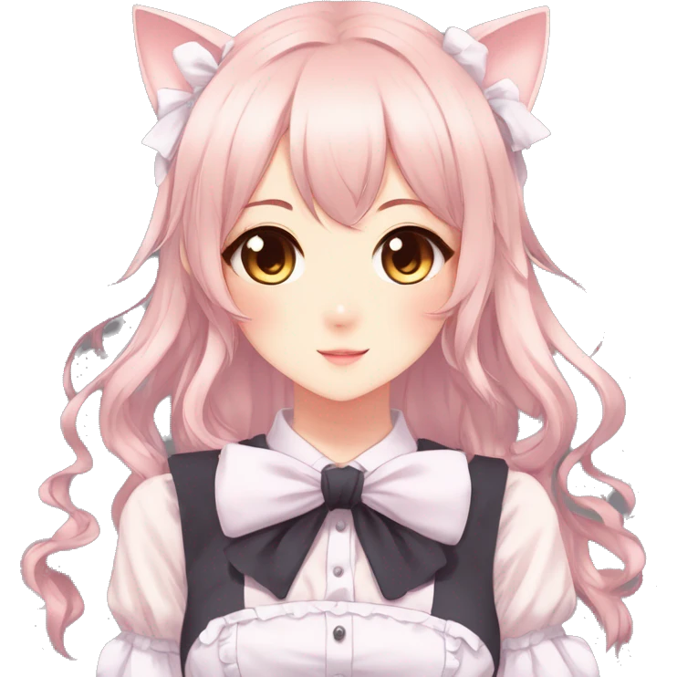 Gorgeous anime style catgirl with blushing face with maid outfit bow tie idol model kawaiicore pearly petite simplistic aesthetic trending style emoji