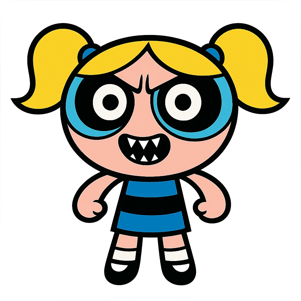 Bubbles, cartoon girl with pigtails and big eyes, inspired by Powerpuff Girls, scary creepy look, vibrant cartoon style emoji