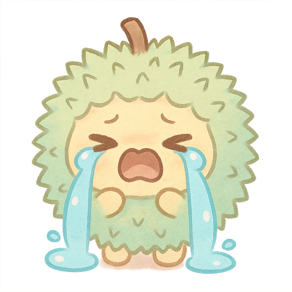 chibi style soft fluffy durian character, round, green spiky shell, yellow flesh, crying dramatically, big teardrops, pastel palette, full-body emoji