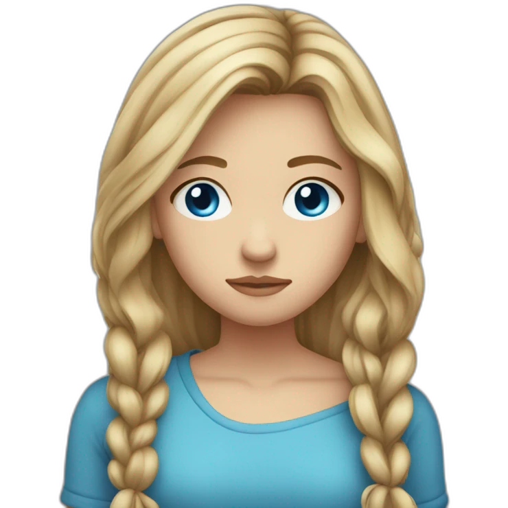 a teenager girl with long dark blond hair,tied hair, blue eyes sad emoji