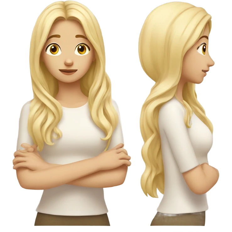 Blonde beauty girl long hair meditative pose two hands on chest emoji