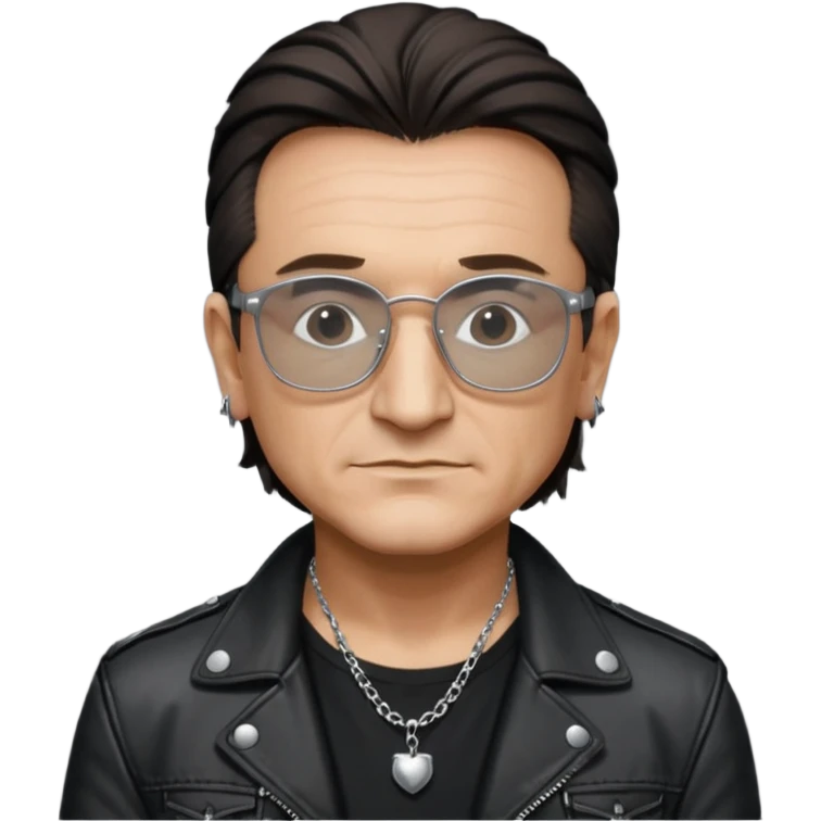 Bono with black glasses, shirt with silver necklace, black leather jacket  emoji