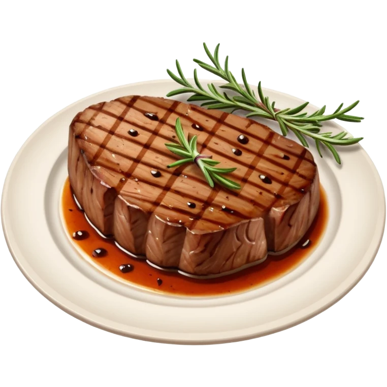 Draw a grilled steak on a plate with grill marks & rosemary garnish. emoji