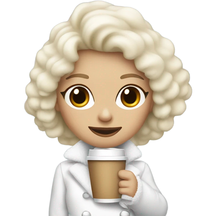 blonde girl wearing white fluffy jacket and a coffee to go in hand all dress white emoji