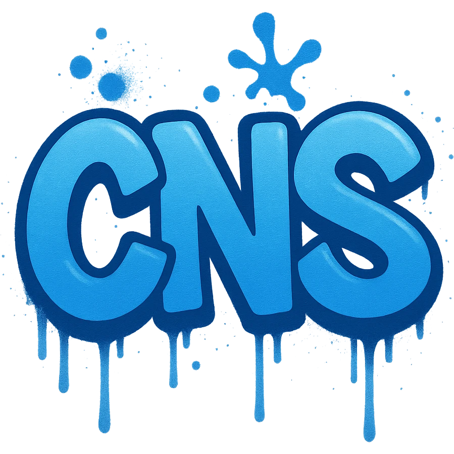 Сделай голубое граффити с надписью "CNS" в стиле emoji iOS без фона emoji